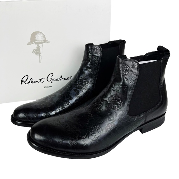 NEW Robert Graham Men’s Dawson Chelsea Boots Embossed Skull Roses Black Leather - Picture 2 of 16